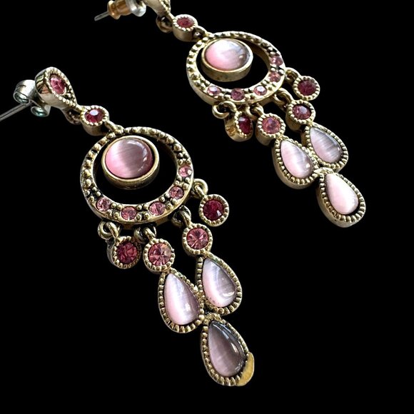 Pierced Earrings Dangling Chandelier Gold Tone Pink Stone - Picture 4 of 6